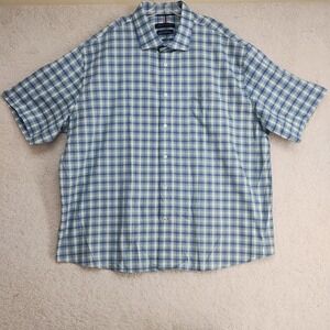 Tommy Hilfiger Shirt Mens 2XL Short Sleeve Button Up Plaid Green Blue Stretch